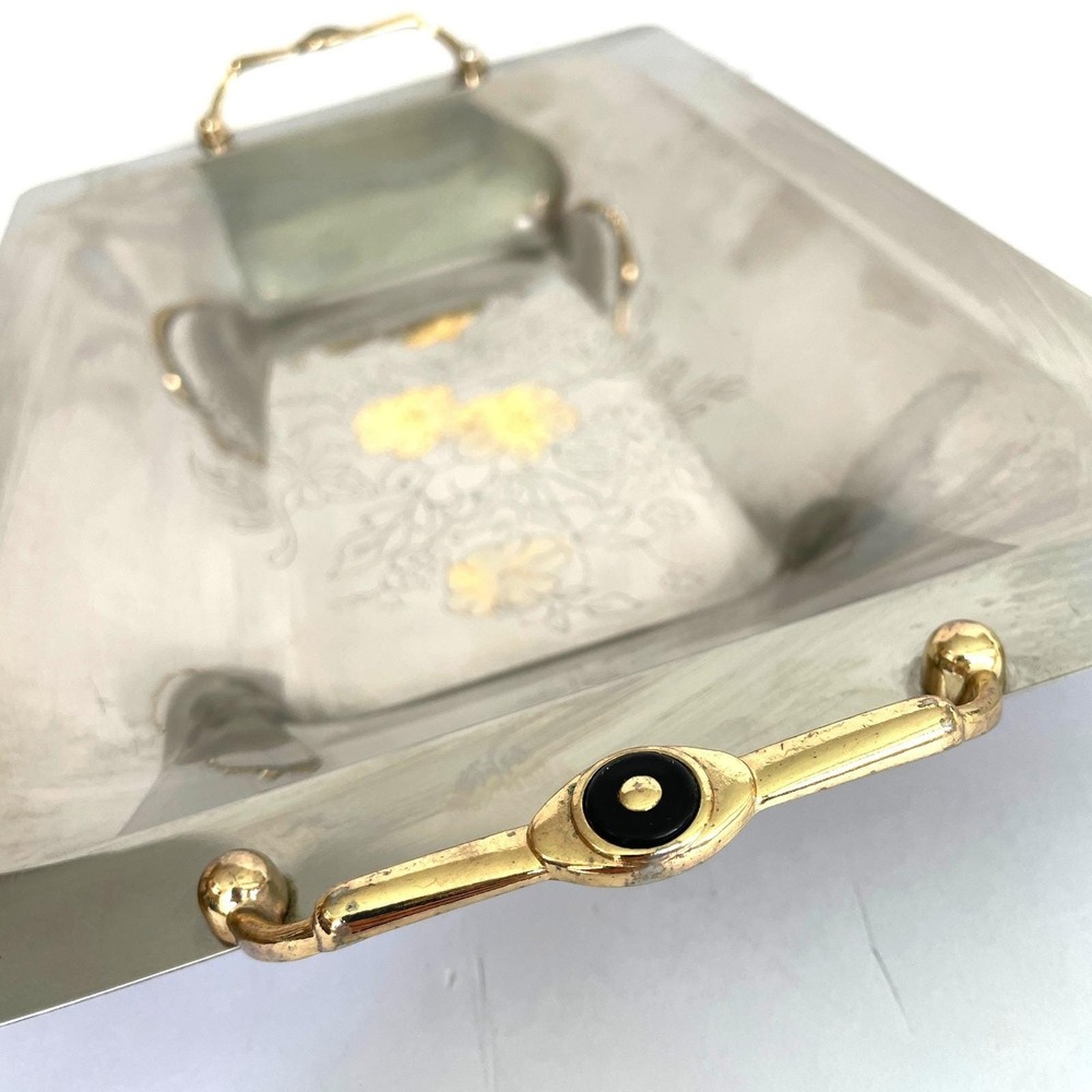 Vintage Inox 18/10 Stainless Steel Serving Tray Made Italy Etched Gold Floral